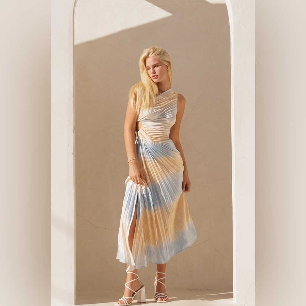 Pastel Printed Pleat Asymmetrical One Shoulder Midi Dress